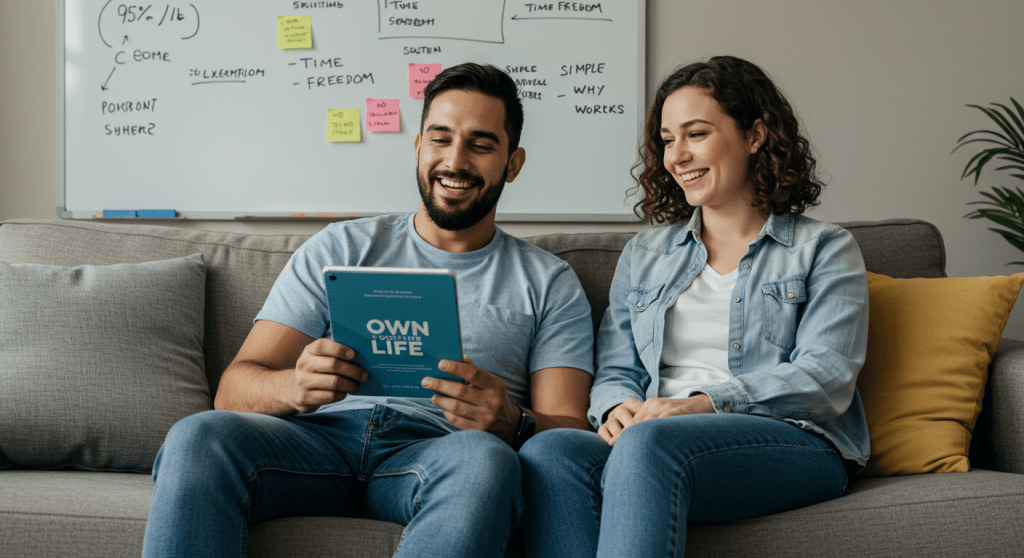 Person sitting on a couch holding the Own Your Life book, smiling and sharing it with a friend, with a whiteboard in the background displaying phrases like "Time Freedom" and "No Selling," representing a simple, duplicatable network marketing system.