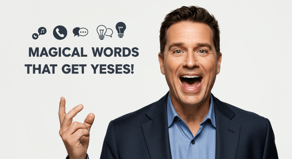 Image of Tom "Big Al" Schreiter with bold text reading "Magical Words That Get Yeses," featuring communication icons and a clean background—promoting effective language techniques for network marketing success.