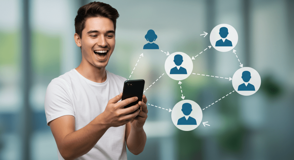 Person smiling holding smartphone showing zero dollar cell phone bill, five referral icons connected by arrows, banner reading free cell phone service with bonuses and residual income