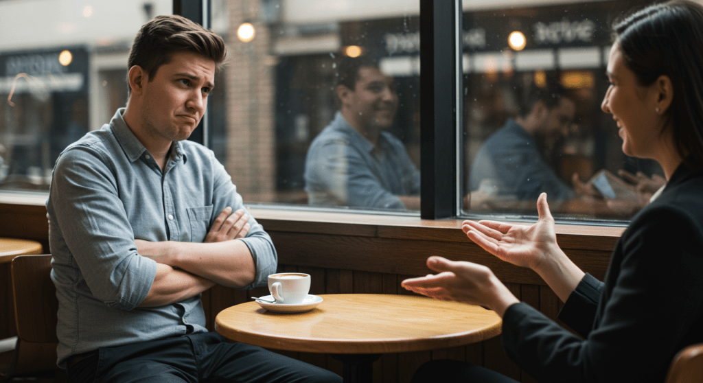 Person sitting with arms crossed looking skeptical while another person smiles and gestures openly across the table, representing hesitation turning into interest in a conversation