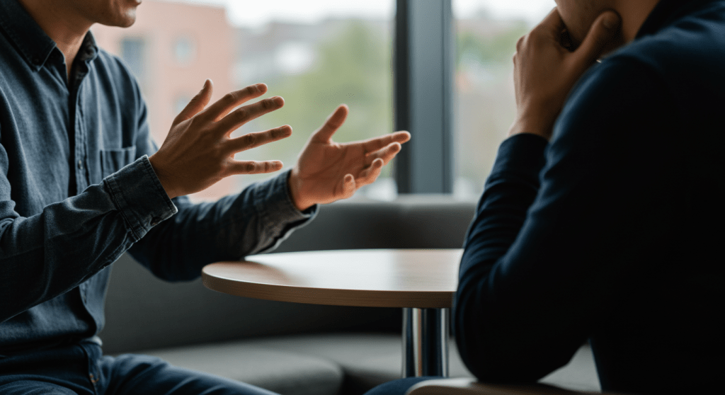 Two people in conversation at a table, one speaking with hand gestures while the other leans in and listens thoughtfully, representing unspoken cues and body language in prospecting.