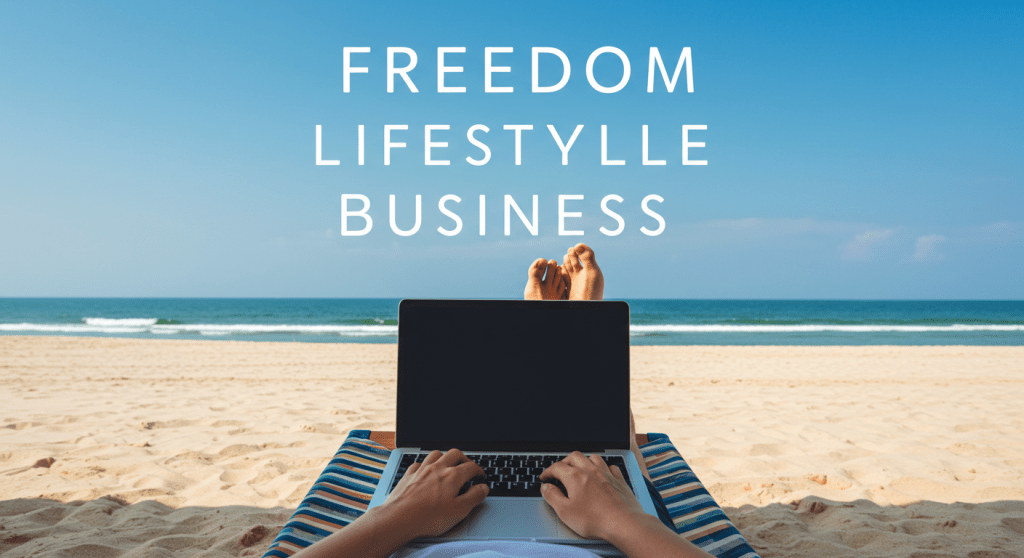 Person relaxing on a beach chair with a laptop, symbolizing financial freedom, working from anywhere, and the lifestyle business opportunity of the Own Your Life System.