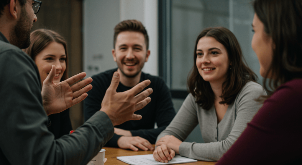 Person speaking with animated hand gestures to a small group of attentive listeners, illustrating how storytelling creates engagement and connection in sales.