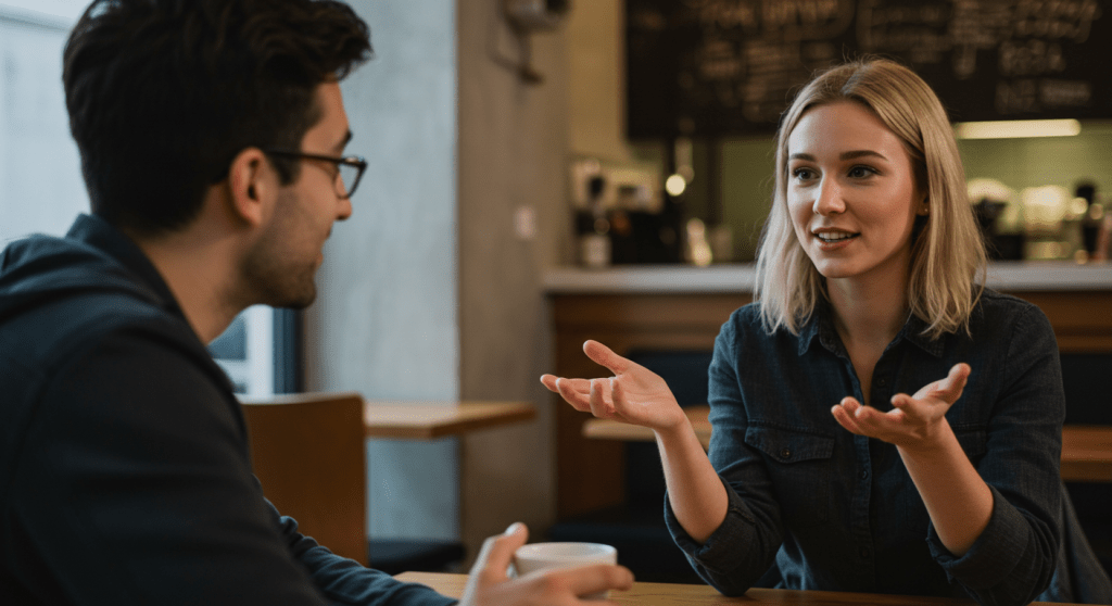 Person listening with a curious smile in a coffee shop while a friend speaks with open hand gestures, illustrating how curiosity can be sparked without sounding salesy.