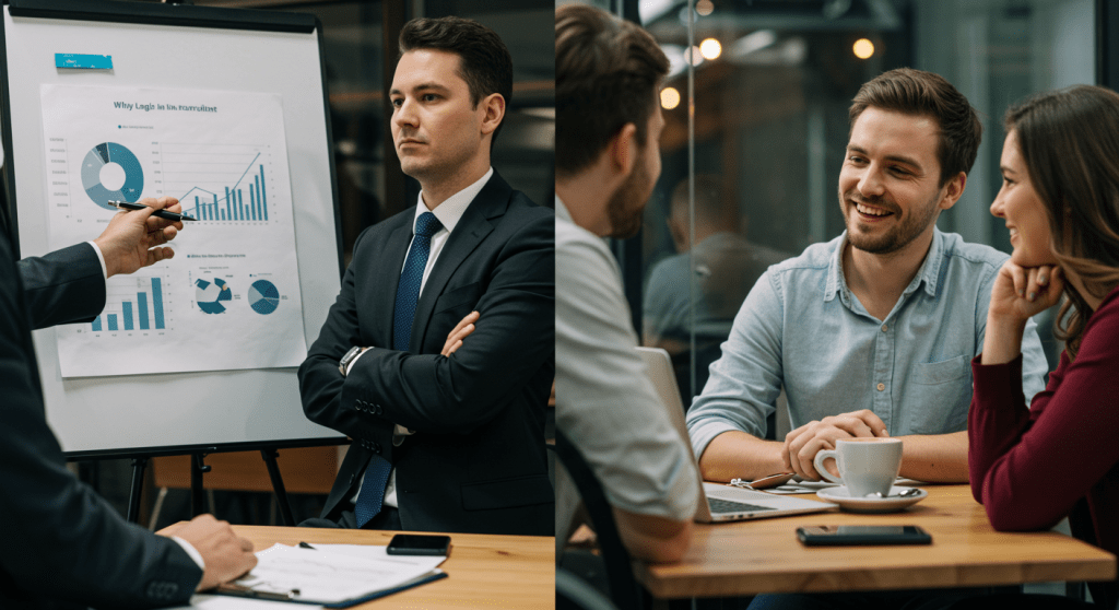 Prospect looking bored at charts and graphs during a business presentation, compared with another prospect engaged and smiling during a personal conversation.