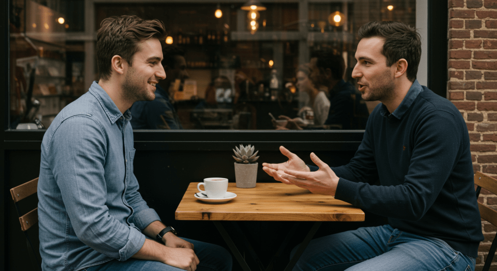 A curious prospect leaning in with interest during a casual café conversation with a recruiter sharing an engaging idea.