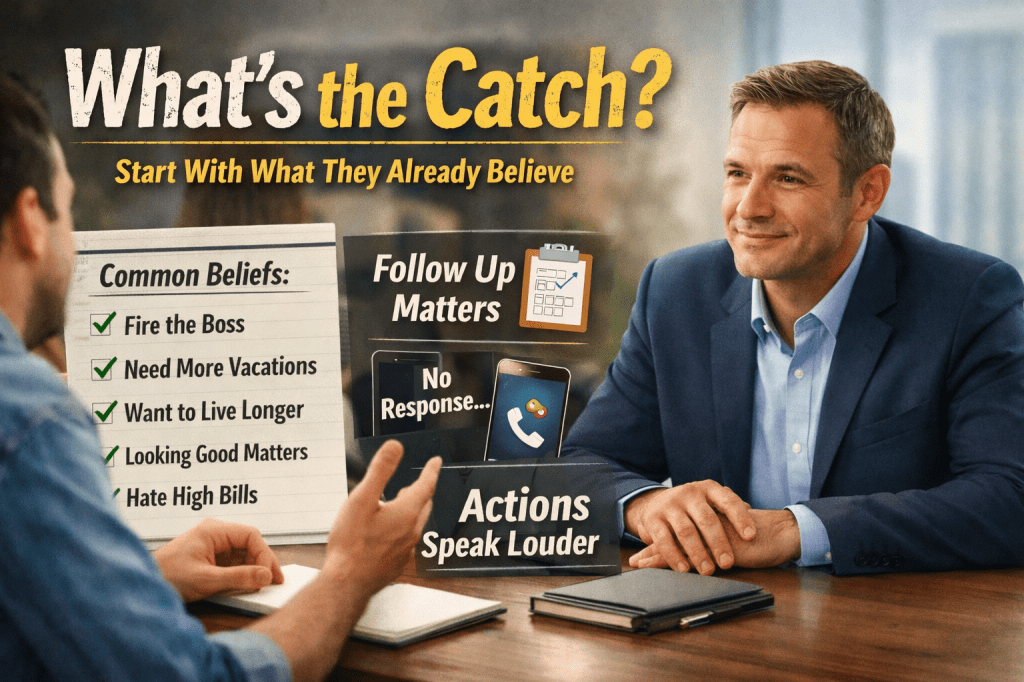 Business professional looking thoughtfully at a path split in two directions, symbolizing prospect skepticism and decision-making in network marketing.